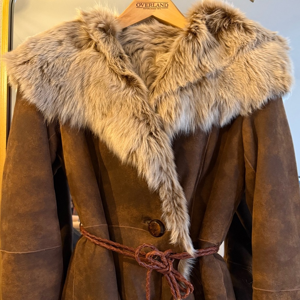Overland Natasha Hooded Toscana Sheepskin Brown Leather and Fur Coat Small - Picture 8 of 11